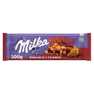 شکلات تخته‌ای سوئیسی میلکا Milka MMMAX Almendras y Caramelo با ترکیب بادام کامل و کرم کارامل 300 گرم تاریخ 2025/10/15