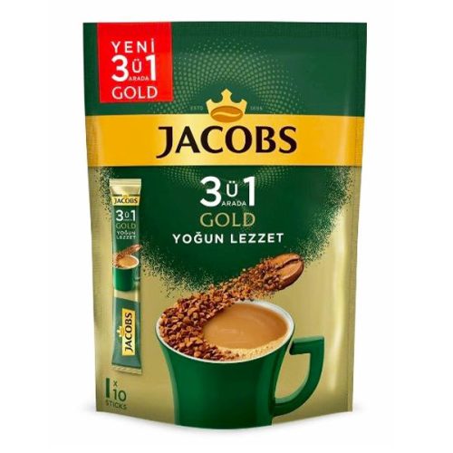 کافی میکس هلندی جاکوبز طلایی JACOBS yogun lezzet سه در یک با عطر و طعم قوی 10 عددی - Image 1