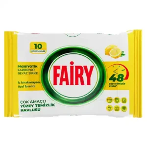 دستمال مرطوب پاک کننده سطوح فیری Fairy LİLYUM Limon Yağlı حاوی روغن لیمو 10 عددی